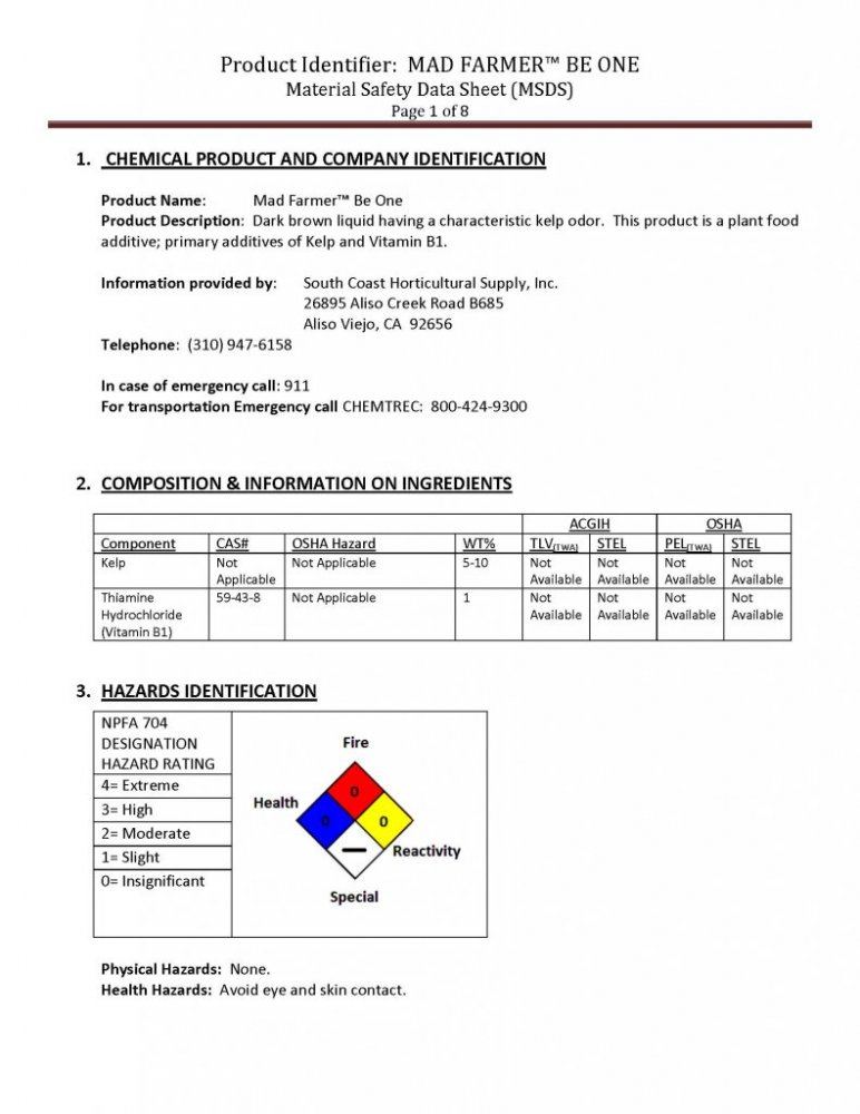 SCHS MSDS B1 Mad Farmer Be One Page 1