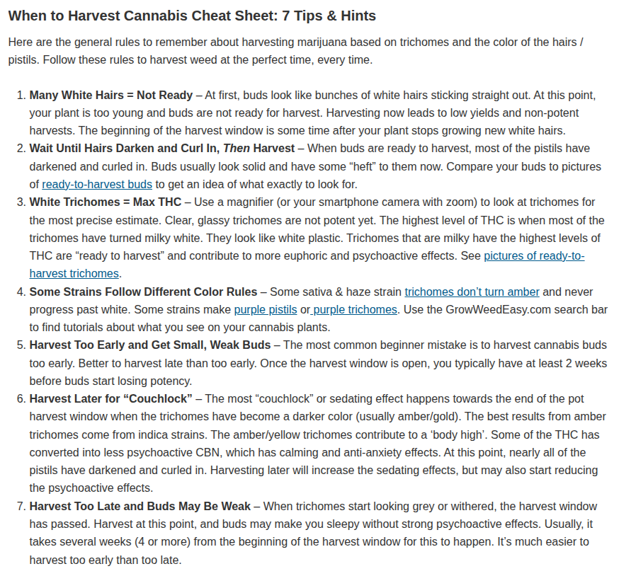 When to Harvest Cheat Sheet