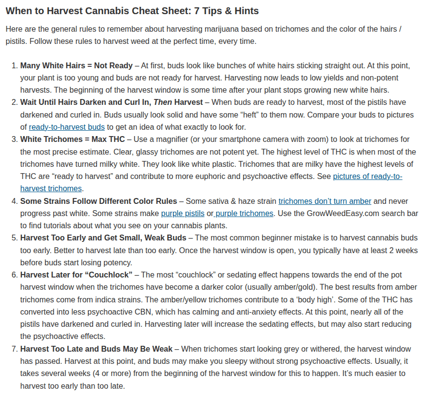 When to Harvest Cheat Sheet